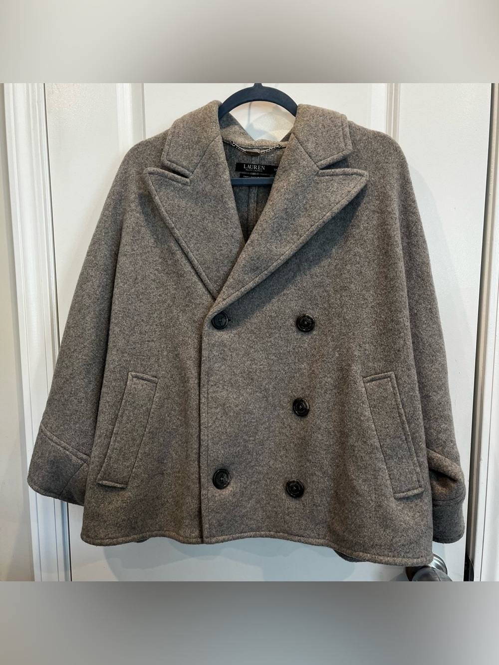 Ralph Lauren Women’s Double-Breasted Gray Short Peacoat Relaxed Fit Poncho Small